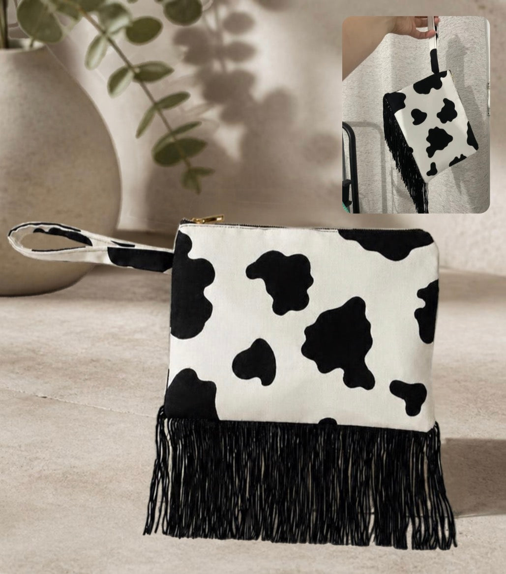 Cow Black Fringe Clutch