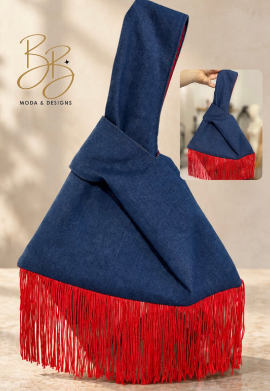 Red Fringe Denim Knot Bag